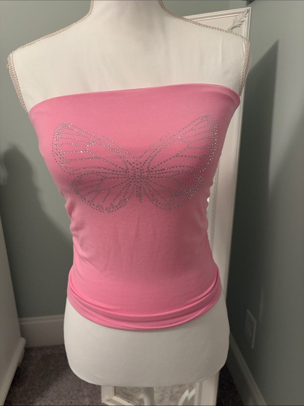 NWT PINK All Day cotton side-ruched tube top w/ sparkly butterfly, size S.